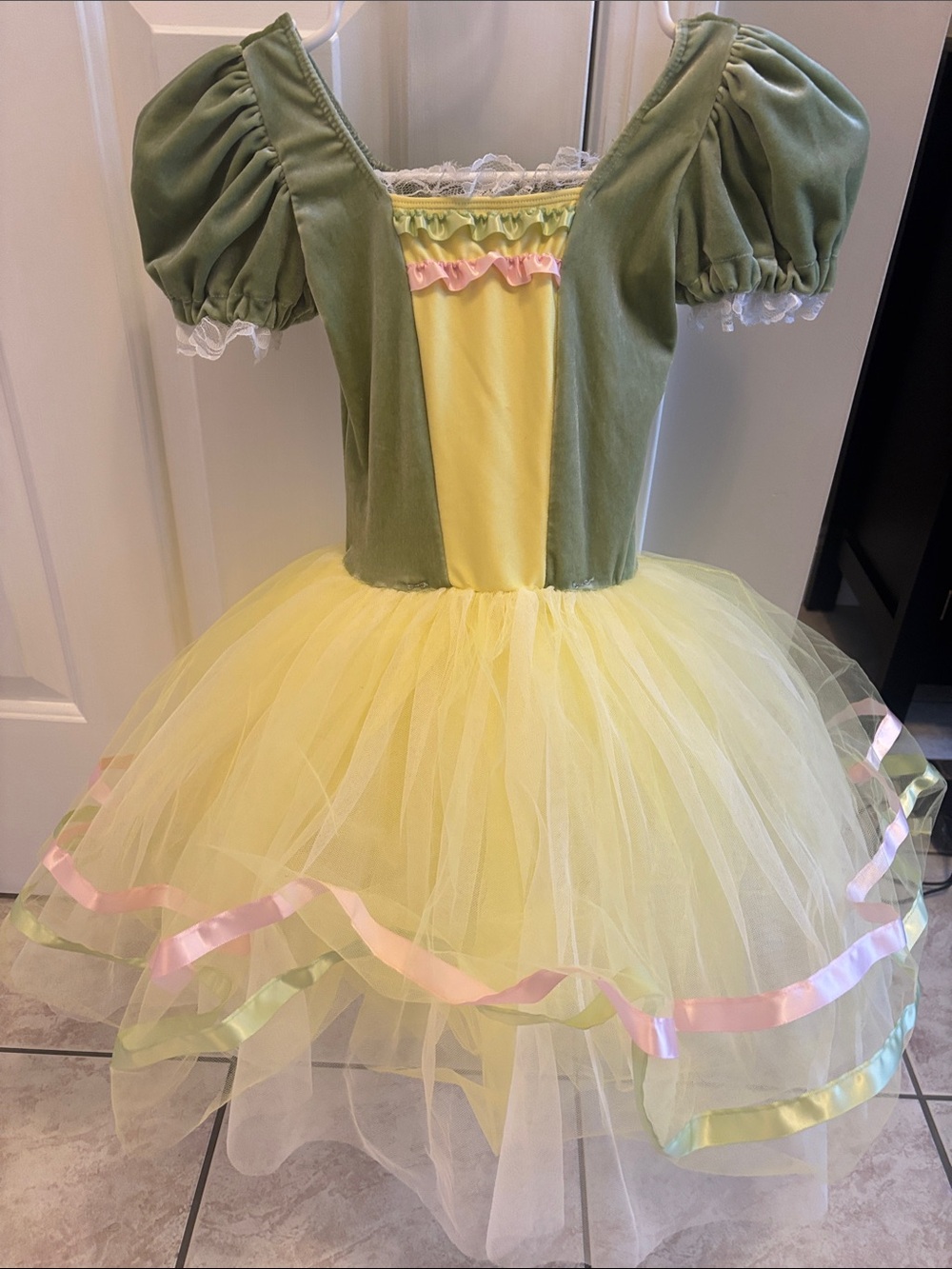 Revolution Green and Yellow Tulle Princess Dance Costume with Pink Trim